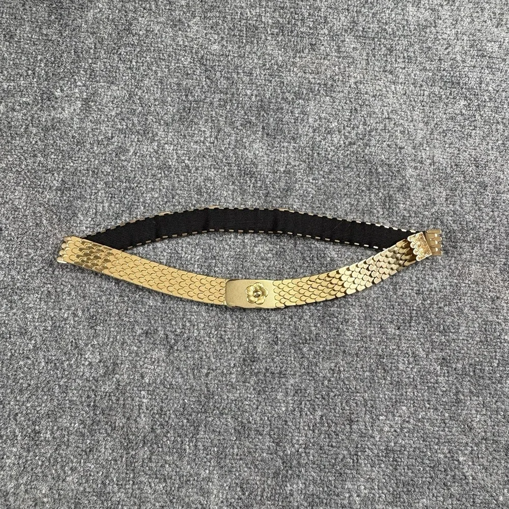 VTG 70s Stretch Belt Gold Tone Flower Buckle Plates 29-40